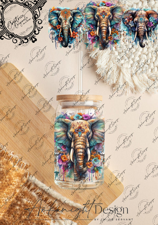 0251 -UV DTF - 16 oz libbey glass - Watercolor Boho Elephant