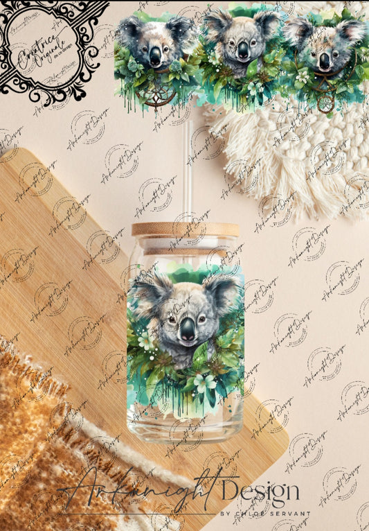 0281 -UV DTF - 16 oz libbey glass - Watercolor Boho Koala