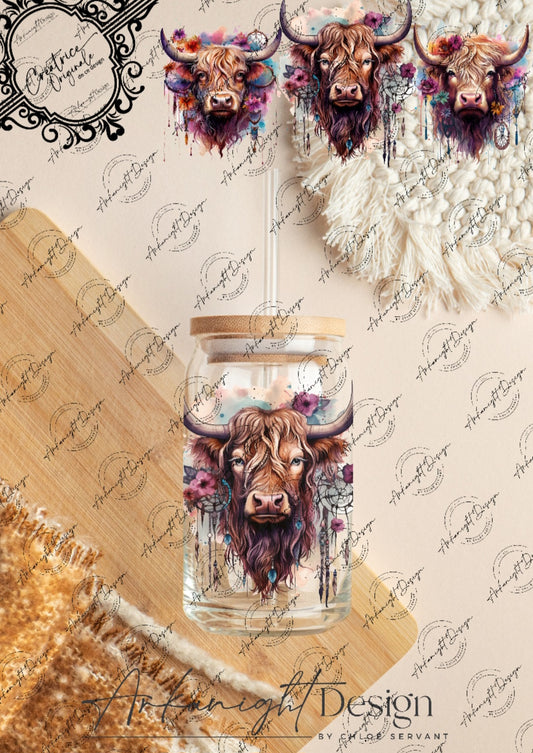 0265 -UV DTF - 16 oz libbey glass - Watercolor Boho Highland Cow