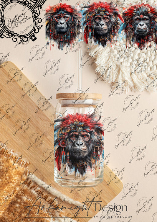 0250 -UV DTF - 16 oz libbey glass - Watercolor Boho Gorilla