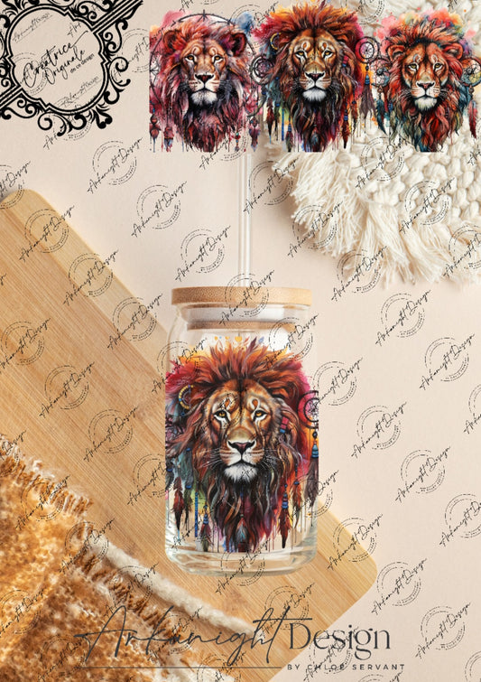 0280 -UV DTF - 16 oz libbey glass - Watercolor Boho Lion