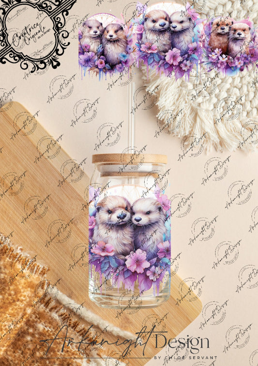 0274 -UV DTF - 16 oz libbey glass - Watercolor Boho Otters