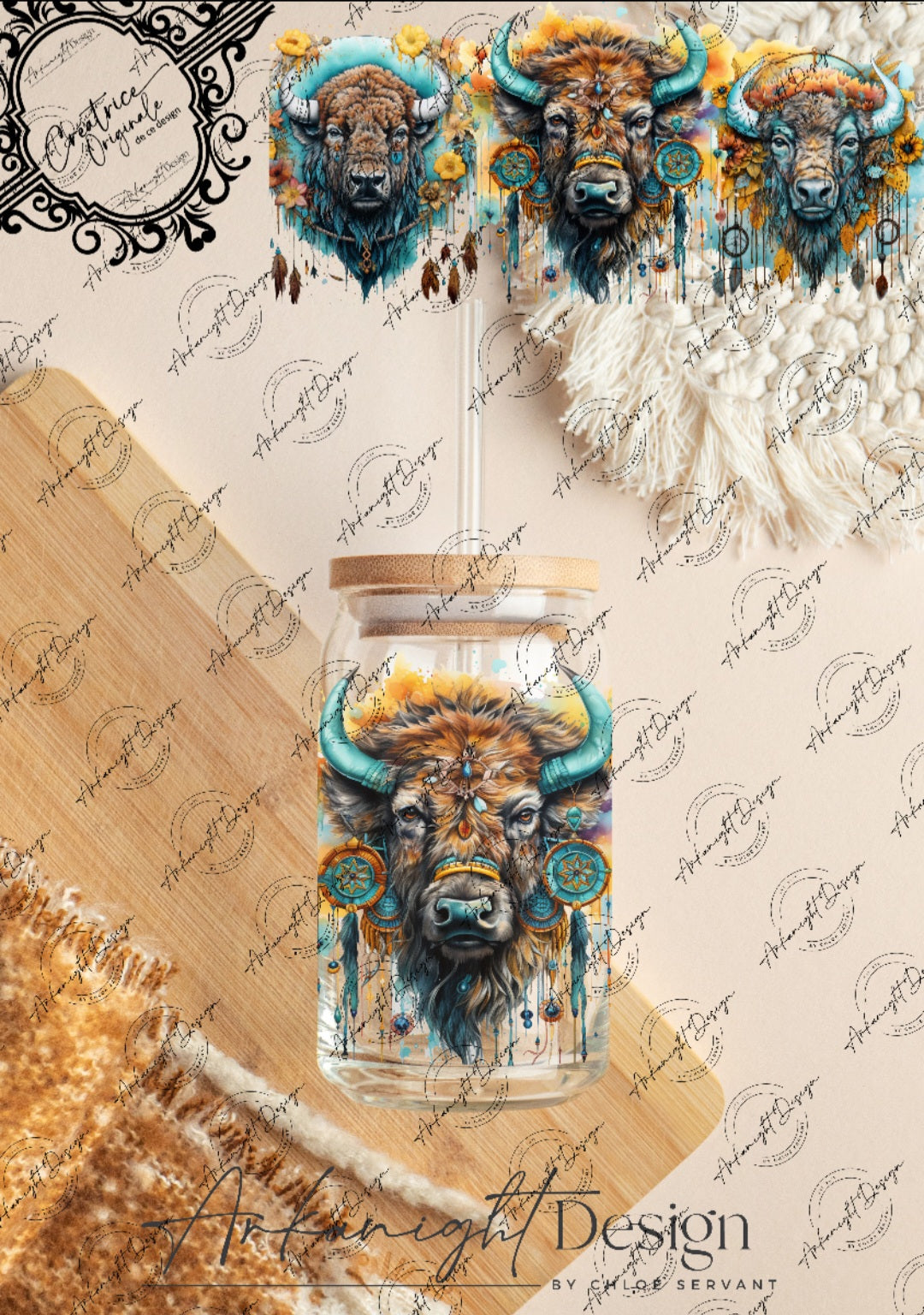 0296 -UV DTF - 16 oz libbey glass - Watercolor Boho Bison