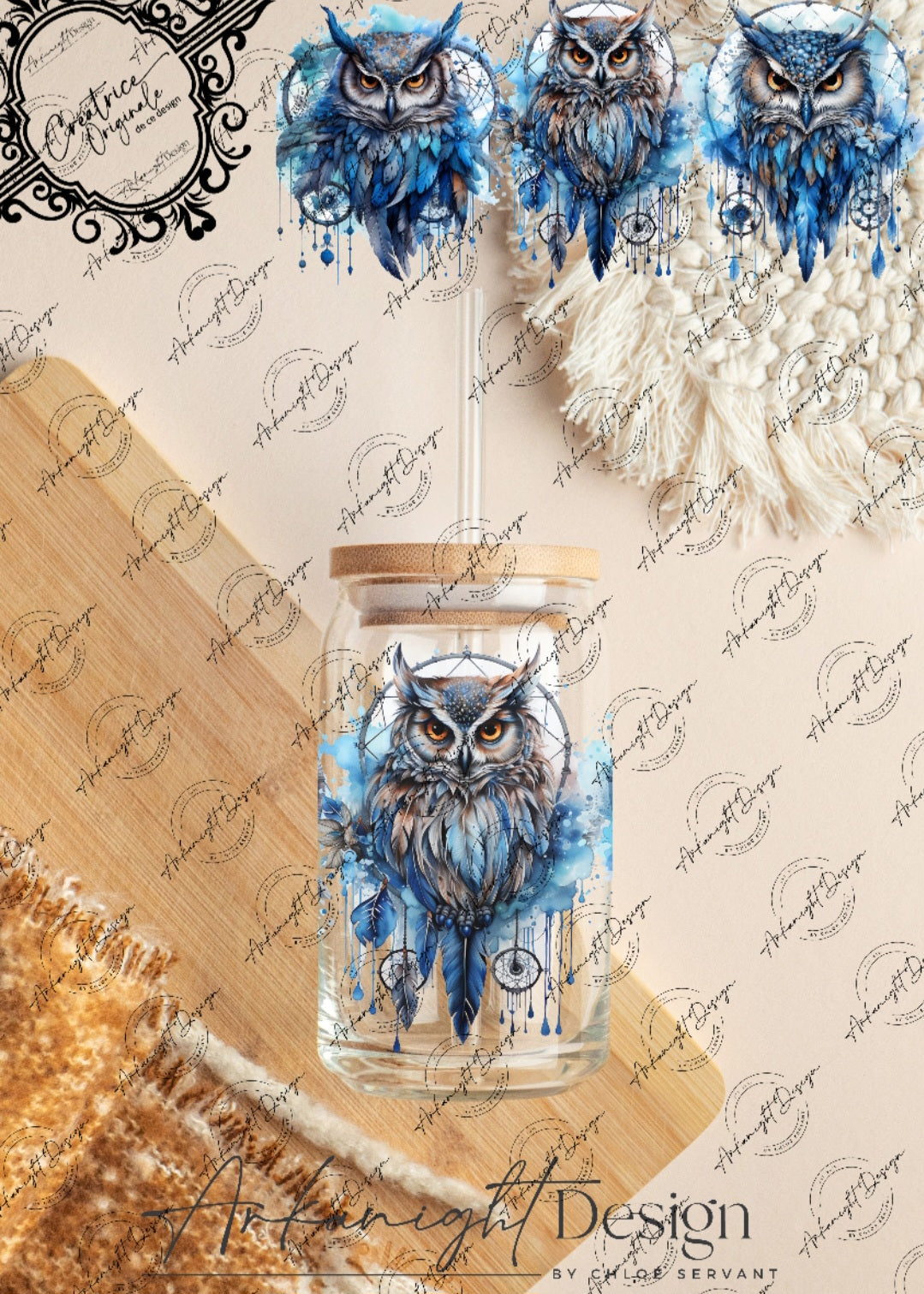 0246 -UV DTF - 16 oz libbey glass - Watercolor Boho Owls