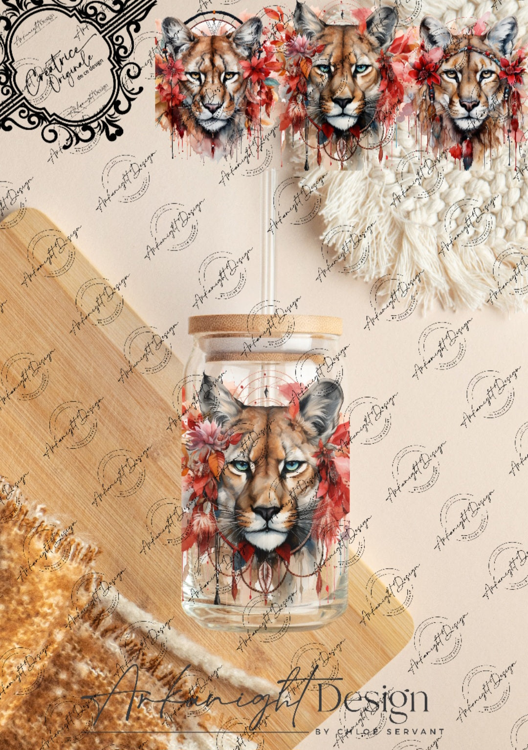 0289 -UV DTF - 16 oz libbey glass - Watercolor Boho Cougar