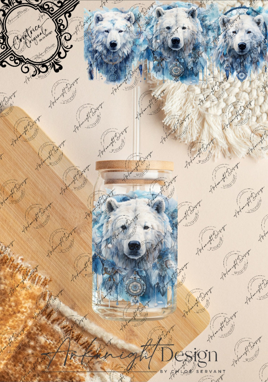 0277 -UV DTF - 16 oz libbey glass - Watercolor Boho Polar Bear