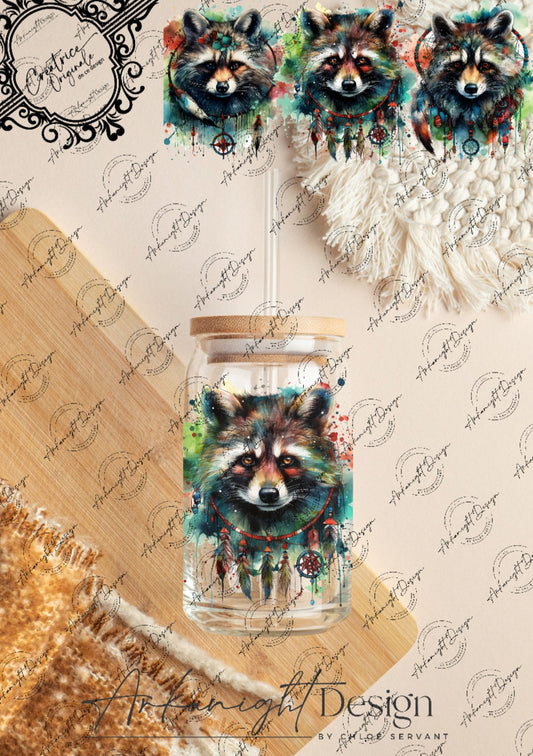 0273 -UV DTF - 16 oz libbey glass - Watercolor Boho Racoon