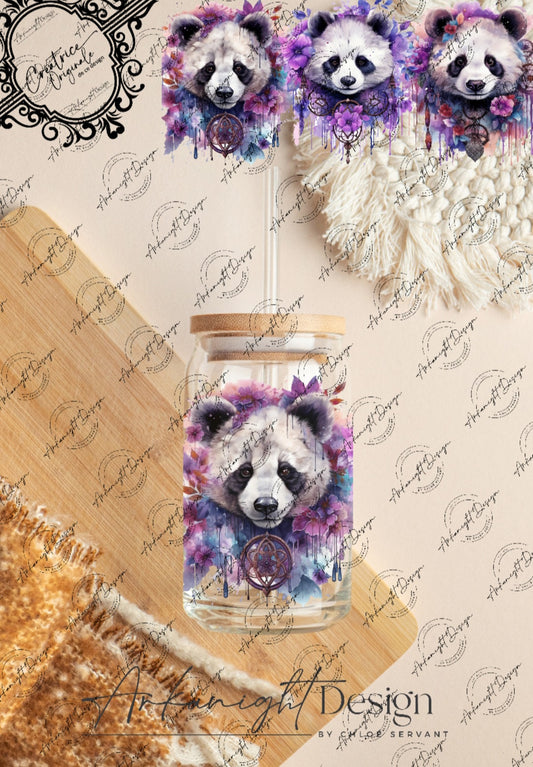 0287 -UV DTF - 16 oz libbey glass - Watercolor Boho Panda