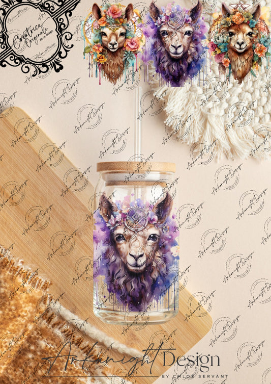 0282 -UV DTF - 16 oz libbey glass - Watercolor Boho Alpaca