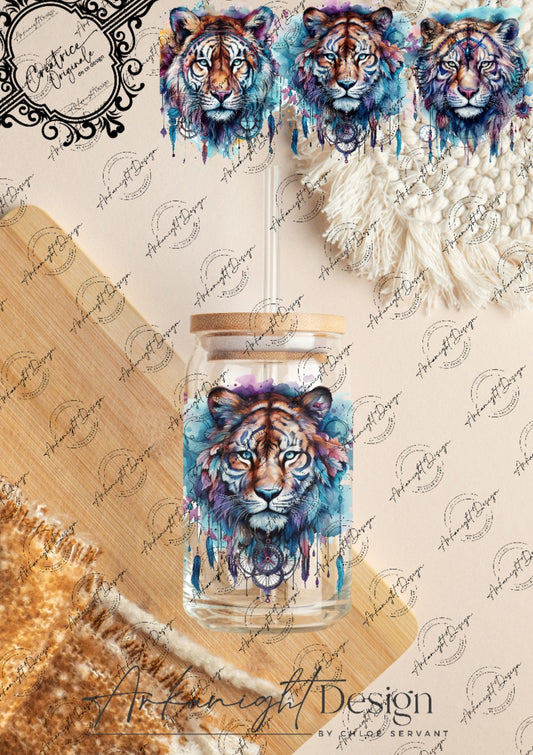 0279 -UV DTF - 16 oz libbey glass - Watercolor Boho Tiger