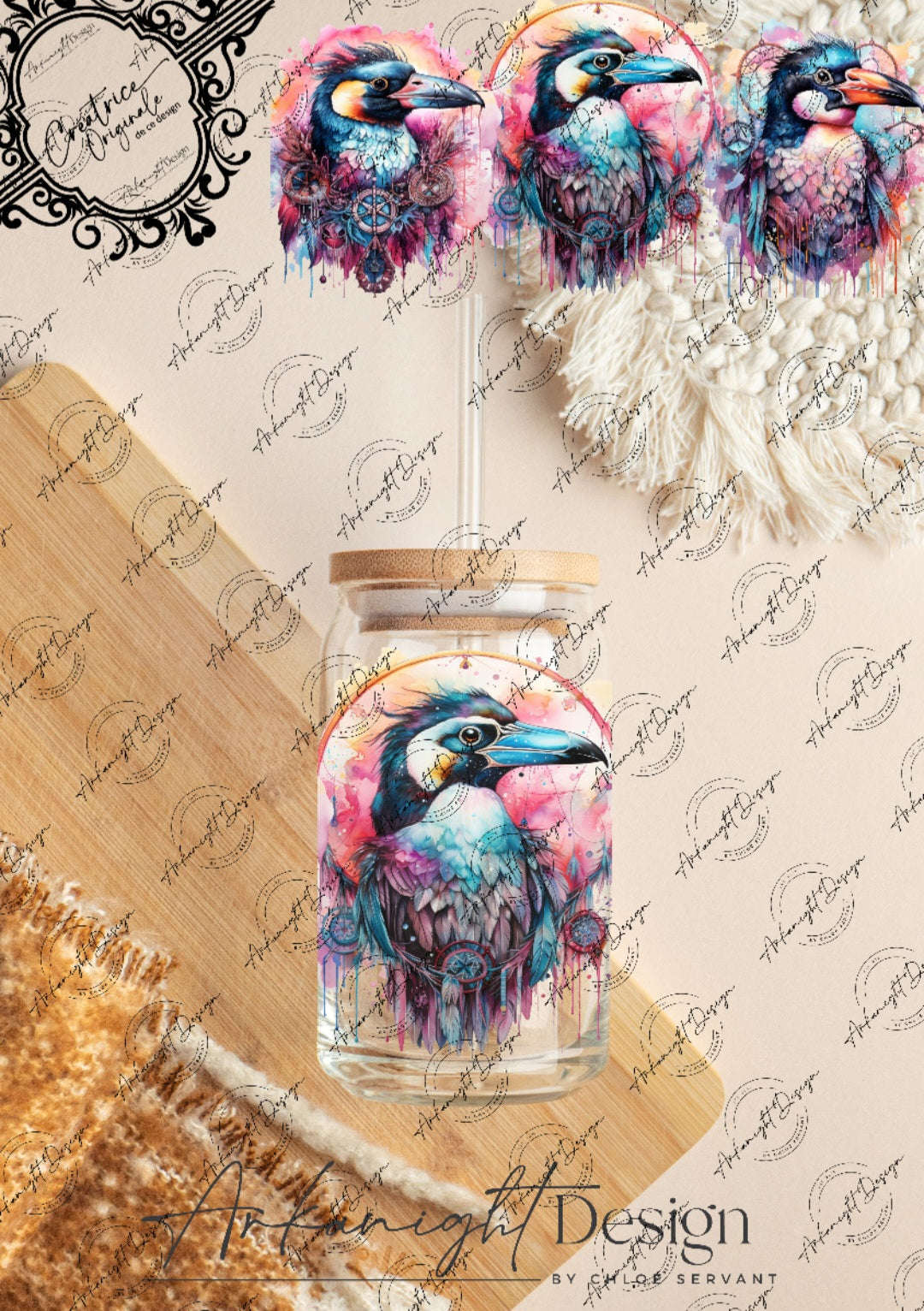 0286 -UV DTF - 16 oz libbey glass - Watercolor Boho Pinguin