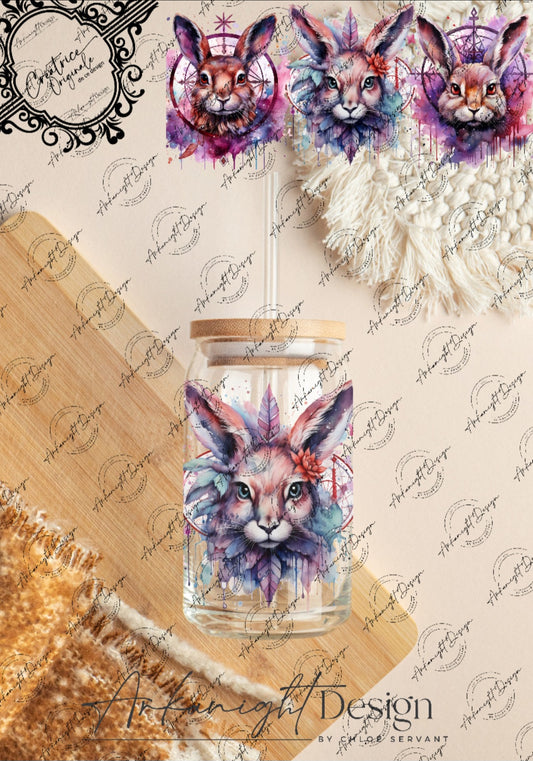 0245 -UV DTF - 16 oz libbey glass - Watercolor Boho Rabbit