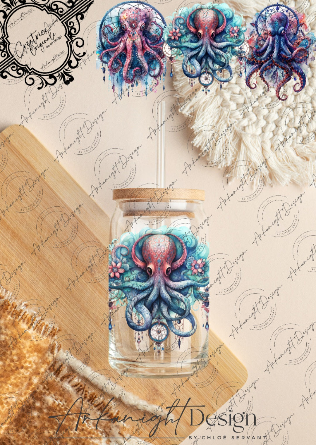 0127 -UV DTF - 16 oz libbey glass - Watercolor Boho Octopus