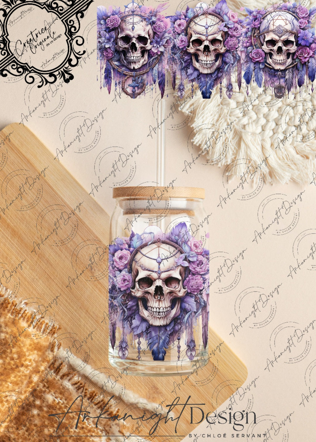 0217 -UV DTF - 16 oz libbey glass - Watercolor Boho Skull