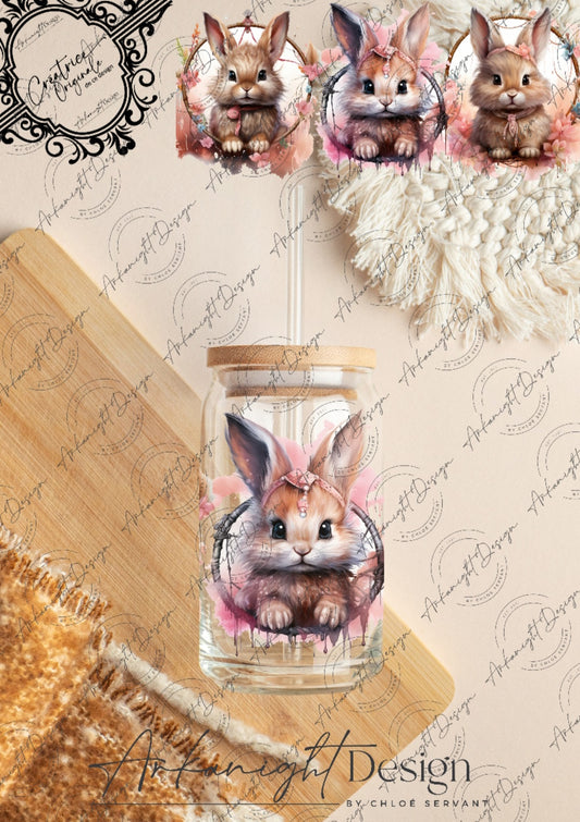 0239 -UV DTF - 16 oz libbey glass - Watercolor Boho Ginger Bunny