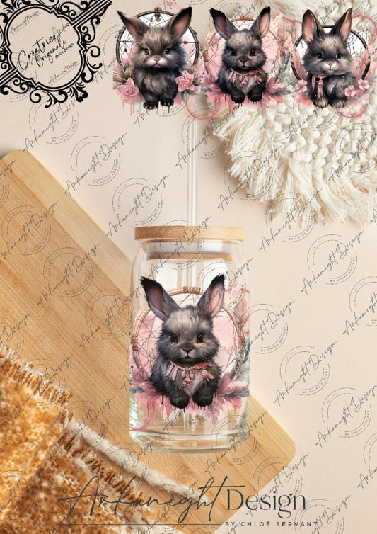 0310 -UV DTF - 16 oz libbey glass - Watercolor Boho Black Bunny