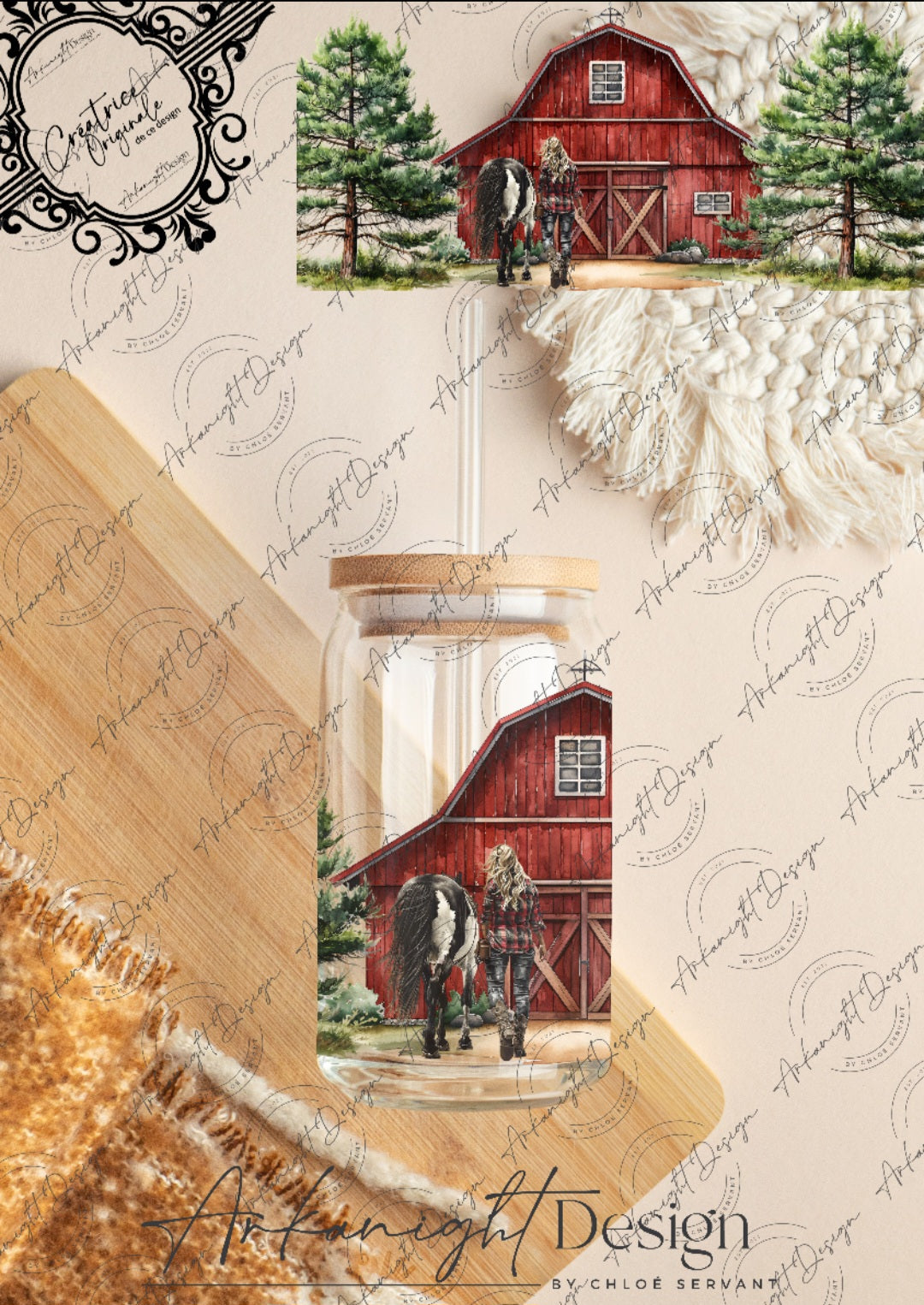 0317 -UV DTF - 16 oz libbey glass - Red Barn & Plaid & Paint Horse