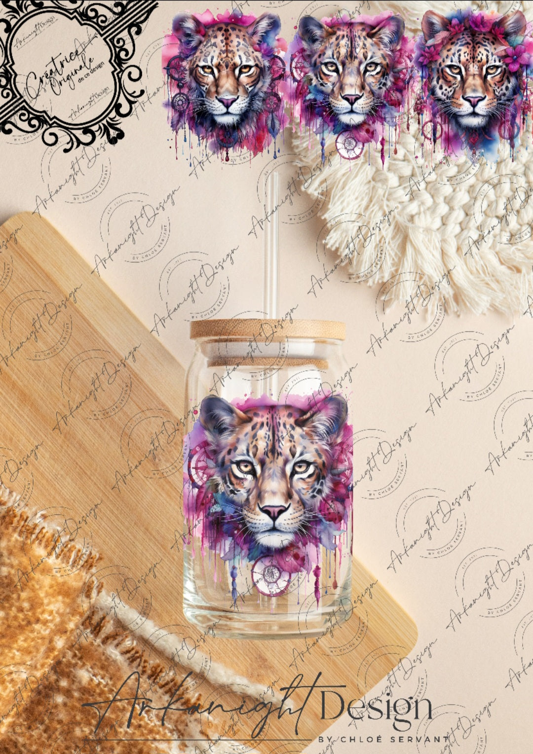 0311 -UV DTF - 16 oz libbey glass - Watercolor Boho Leopard