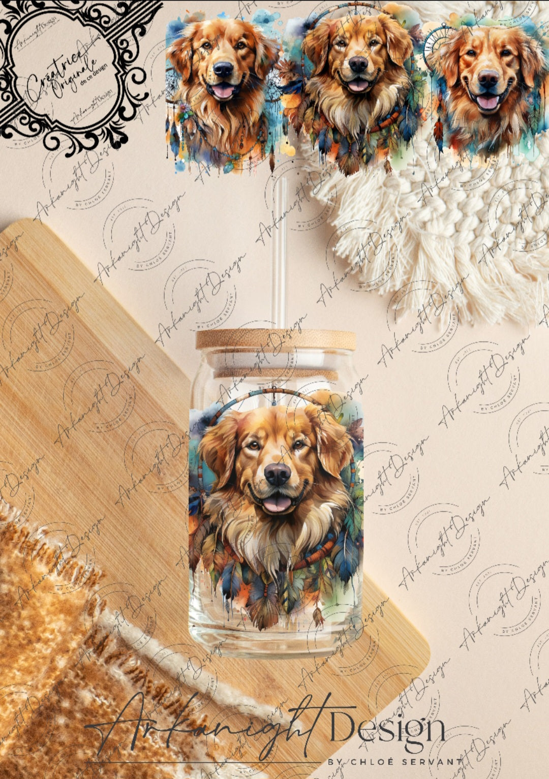 0109 -UV DTF - 16 oz libbey glass - Watercolor Boho Golden Retriever