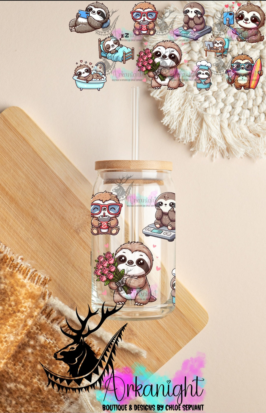 0344 -UV DTF - 16 oz libbey glass - Cute Kawaii Sloth