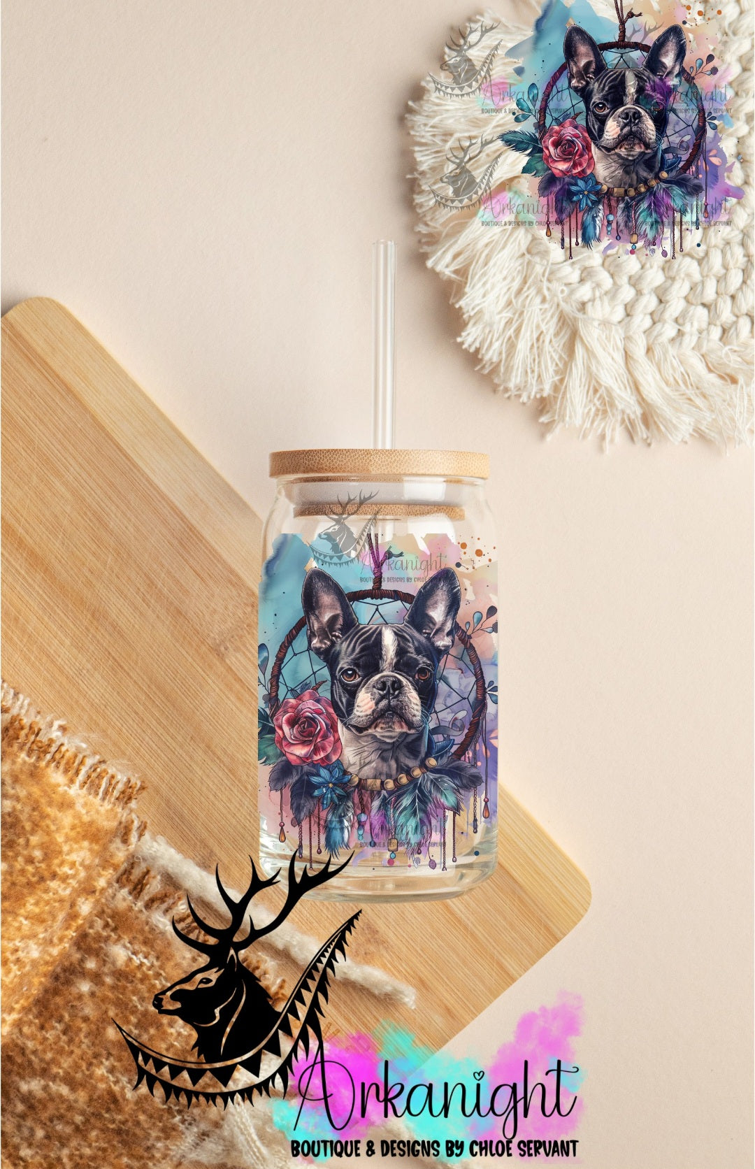 0354 -UV DTF Décalque - 16 oz libbey glass - Watercolor bogo Boston Terrier