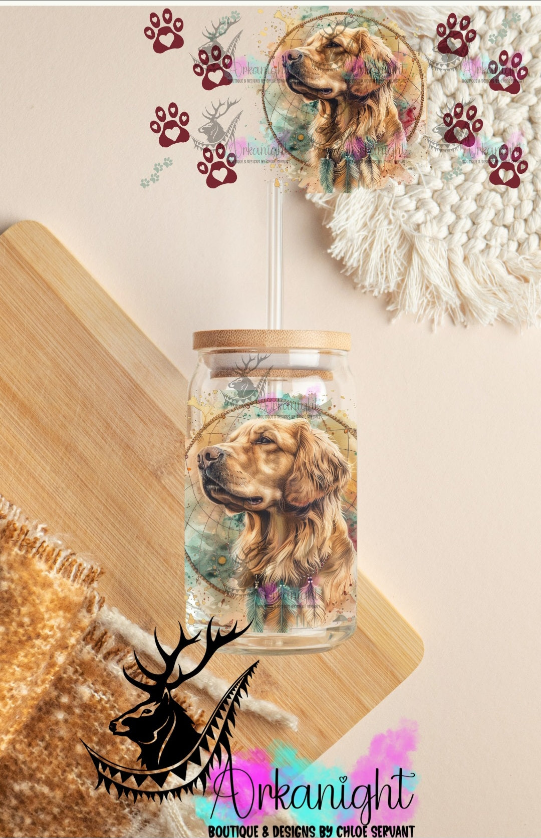 0261 -UV DTF- 16 oz libbey glass - Watercolor Boho Golden Retriever