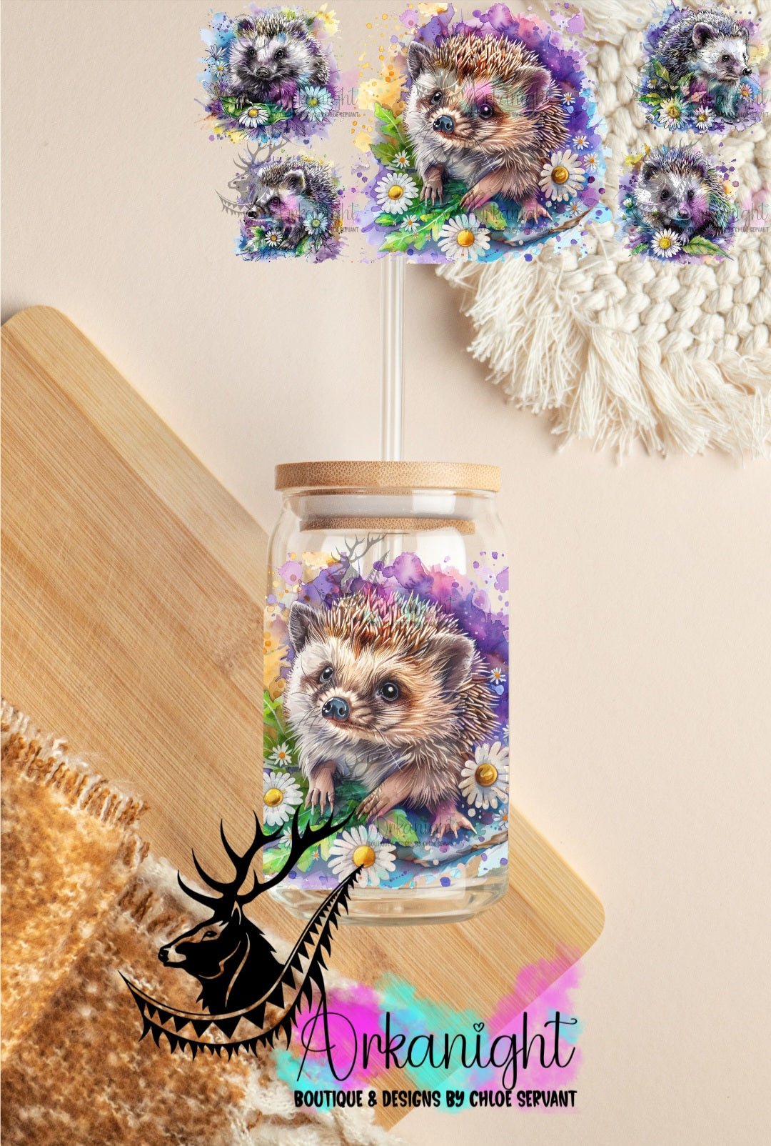 0391-UV DTF - 16 oz libbey glass - Summer Hedgehog