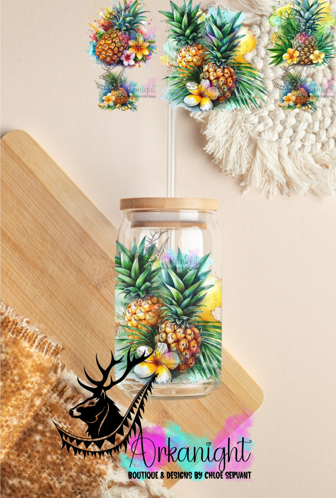 0368 -UV DTF - 16 oz libbey glass - Watercolor Pineapple