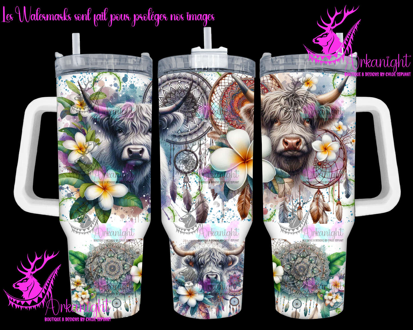 Numérique 40 oz - Watercolor Mandalas Grey Highland Cow