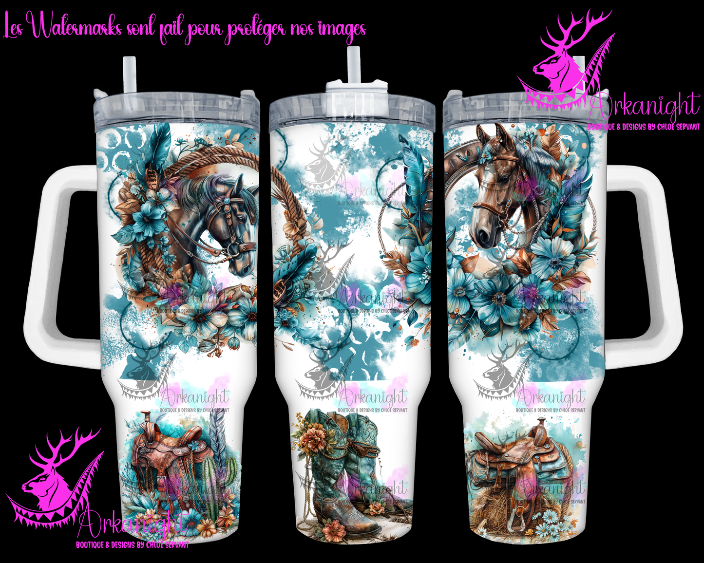 Gourde 40 oz sur commande - Watercolor Turquoise Horses