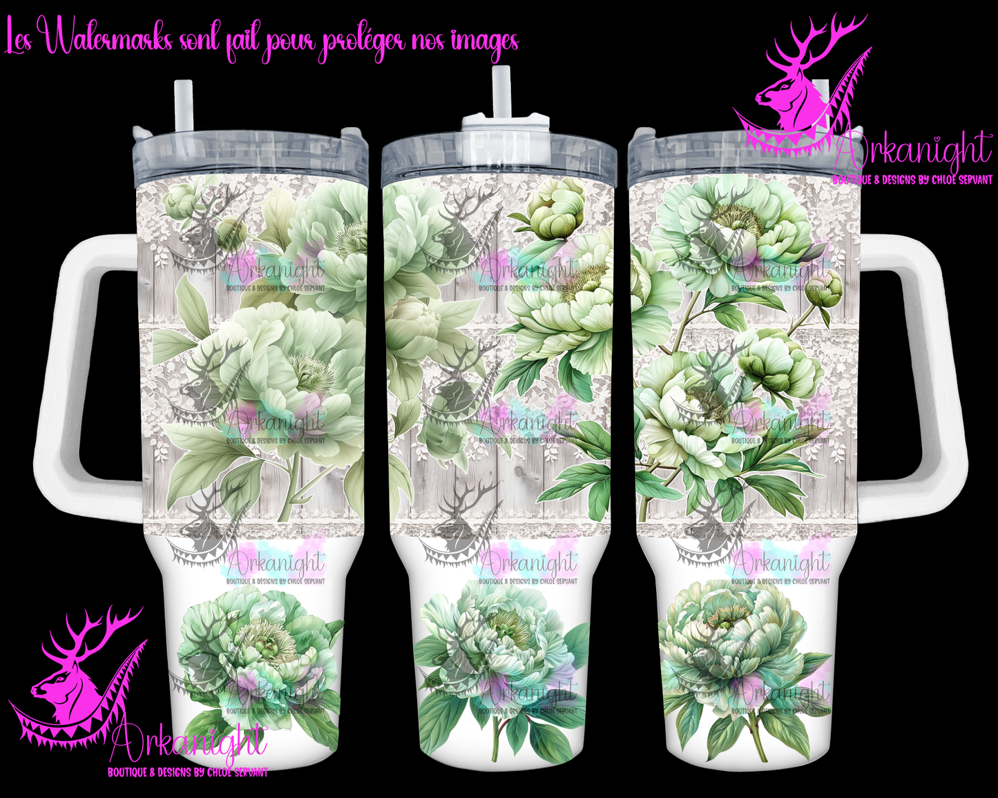 Gourde 40 oz sur commande - Light Green Peonies and Lace