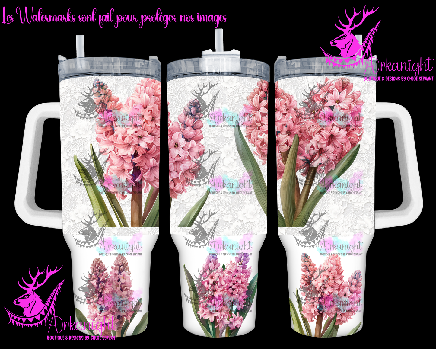 Gourde 40 oz sur commande - Pink hyacinth and Lace