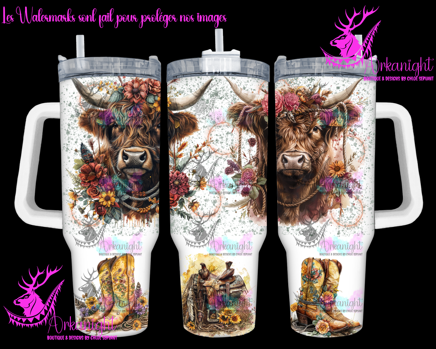 Gourde 40 oz sur commande - Watercolor Brown Highland cow